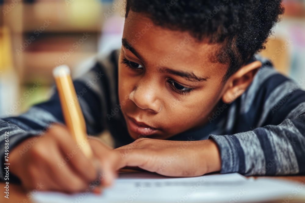 Wall mural close up portrait tired young little boy african american ethnic kid child studying hard lying on de