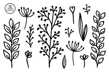 Hand Drawn Black And White Spring Flowers On White Background. Sketch. Doodle style