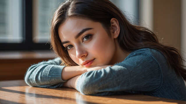 A beautiful black-haired woman resting comfortably on her desk