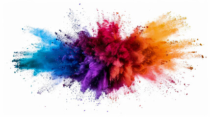 Multicolored explosion of rainbow powder paint isolated on white background. - 749886344