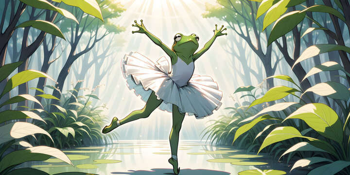 A graceful leap in the outdoor ballet performance, a frog dons a delicate white tutu on this extra day in february, dancing among the plants in celebration of leap year 