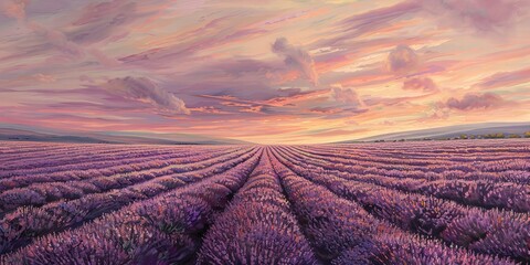 A vast lavender field under a pastel sky, the horizon curved with the gentle swell of the earth - obrazy, fototapety, plakaty