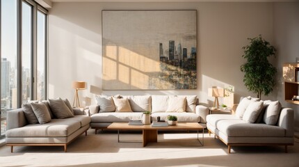 Sunlit modern lounge featuring abstract art and city skyline views