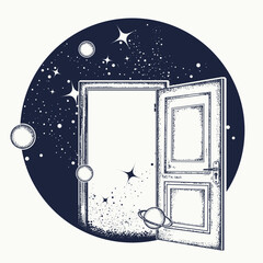 Open door in universe. Symbol of imagination, dreams, creative idea, motivation, new life. Creative t-shirt design concept