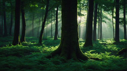 Emerald green Nature layered background, evoking a sense of tranquility. - obrazy, fototapety, plakaty