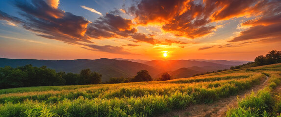 Landscape of a beautiful sunset or sunrise on a field. Panorama.