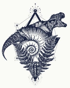 Double exposure tattoo. Tyrannosaur. T-Rex dinosaur monster and nautilus shell. Prehistoric symbol of archeology, paleontology, evolution and science. Creative t-shirt design