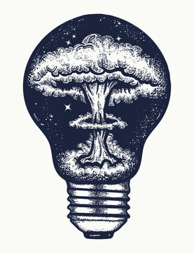 Atomic explosion in a light bulb tattoo.  Symbol of stress, aggression, tension, protest. Psychological creative t-shirt design concept