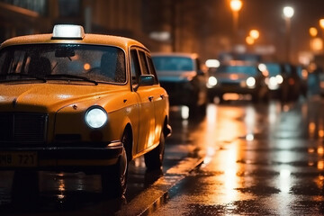 Old-fashion yellow taxi car on a night road