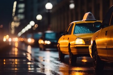Yellow Taxi cars on a wet Night Road
