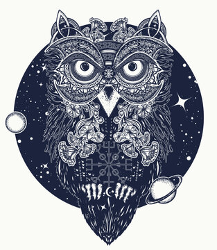 Owl in universe tattoo. Double exposure bird. Esoteric symbol of wisdom, meditation, thinking, dreams and imagination. Creative t-shirt design concept