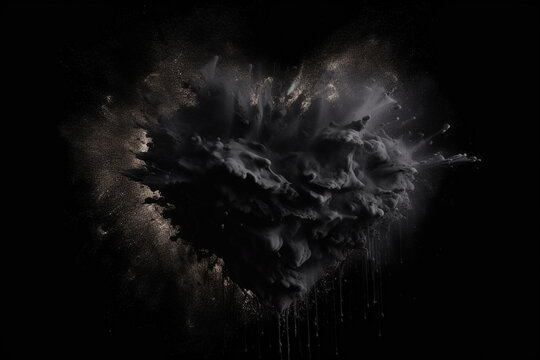 bursted black holi powder paint splashes in heart shape