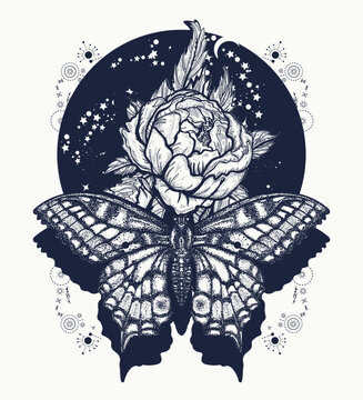 Esoteric rose and butterfly in universe tattoo. Esoteric symbol of spring, dream, soul, rebirth, harmony and tranquility. Creative t-shirt design concept