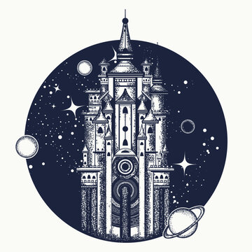 Universe and medieval castle tattoo. Gothic symbol of imagination, dreams, fairy tales. Creative t-shirt design concept