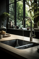 Fototapeta na wymiar Tranquil Kitchen With Water Streams From The Tap