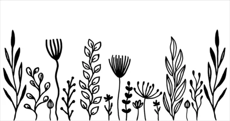 Fotobehang Hand Drawn Black And White Spring Flowers On White Background. Sketch. Doodle style © Daryna Martyniuk