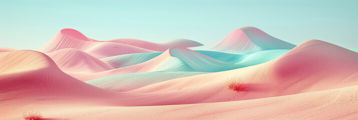 a pink and blue  cyan sand dunes in the desert on bue sky background, appropriate for travel magazines, blog headers, website backgrounds, or desert themed contras designs.banner - obrazy, fototapety, plakaty