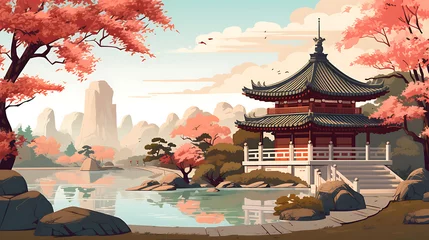 Foto op Plexiglas A vector illustration of a traditional Chinese garden. © Tayyab