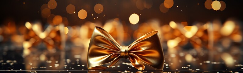 Golden gift bows on bokeh background, closeup. Festive decoration