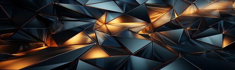 Abstract 3d rendering of chaotic polygonal background. Futuristic polygonal background with golden lights.