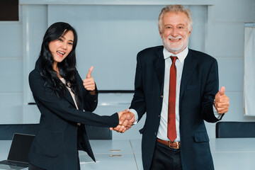 Senior executive manager and young businesswoman working in meeting room in the office. The woman...