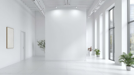 empty big white poster mockup  gallery with white wall room ,empty white blank frame banner design with spotlight
