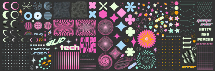 Y2k elements from the 2000s relevant today. Collection of abstract graphic shapes - stars, flowers, hearts, mesh and 2000s font styles. Templates for pomters, banners, stickers, new retro design.