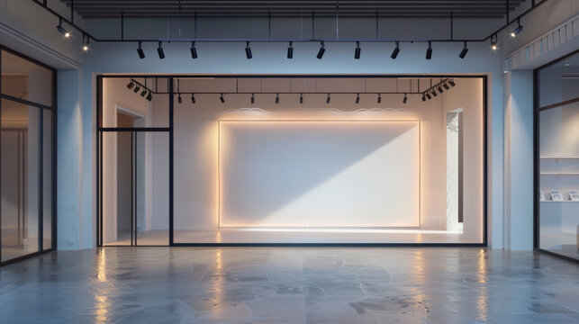 empty glass frosted wall for small shop with spotlight,Empty illuminated storefront.