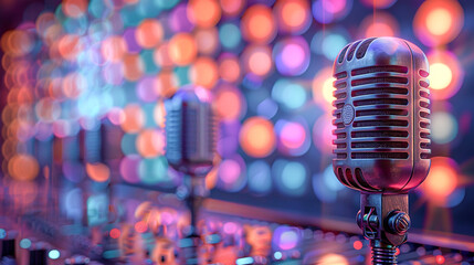 Fototapeta na wymiar Vintage Microphone with Colorful Bokeh Background in Studio