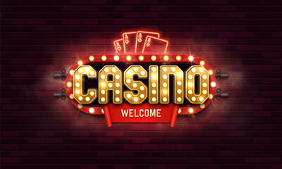 Casino logo with retro neon signs on brick wall background. Vector illustration.