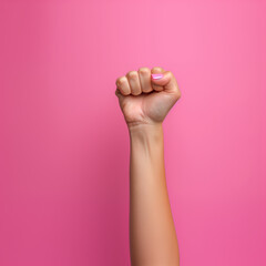 A woman's hand in a solid pink background