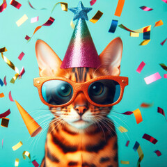 cute bengal cat in party hat and sunglasses with falling confetti isolated on solid color background. ai generative