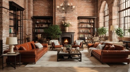 Spacious living room with high ceiling, brick columns and fireplace. Furnished with leather furniture.