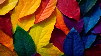 Fototapeta na wymiar Leaves in a vibrant rainbow gradient forming a colorful pattern