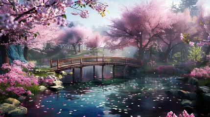 Spring bridge over tranquil river in park with lush greenery and clear blue skies
