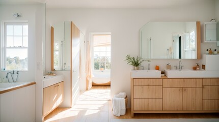 Light-filled bathroom with wood cabinets, white walls, outdoor hint 