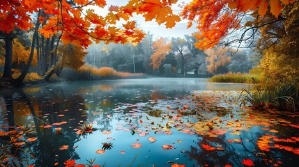 Autumn scenery with forests, rivers, and mountains reflecting vibrant green and colorful leaves, embracing the beauty of nature