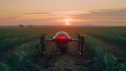 Agricultural Drone Over Farmland at Sunset
. A high-tech drone surveys the vast expanse of farmland, capturing the serene beauty of the crops at the golden hour of sunset.
 - obrazy, fototapety, plakaty