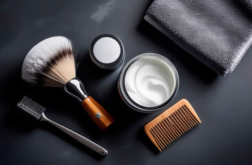 Male grooming set. Comb, shaving brush and foam on dark background, top view - 749890938