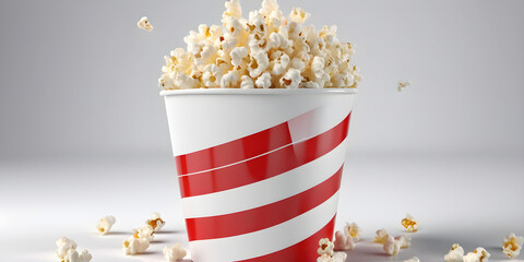 Advertising products movie entertainment popcorn box floating on isolated background. paper bucket red white striped paper cup delicious party fast food, clapper board elements. 3d rendering - obrazy, fototapety, plakaty