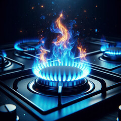 Blue flames on gas stove isolated on dark background. ai generative
