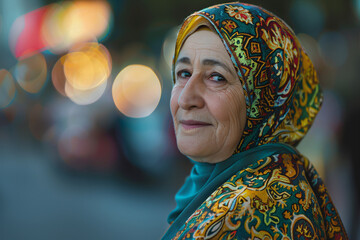 a woman wearing a colorful scarf and a headscarf - obrazy, fototapety, plakaty