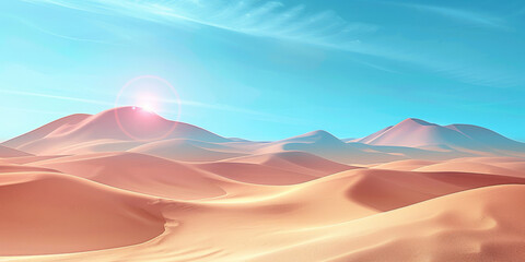 the sun in the desert, a brown sand dunes in the desert on blue sky background, appropriate for travel magazines, blog headers, website backgrounds, or desert themed contras designs.banner