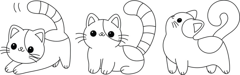 Set of cute cats. Funny kawaii smiling doodle animal. Face line contour silhouette icon. Cute cartoon baby pet character. Flat design.