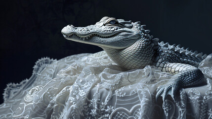 White alligator in a white elegant lace dress