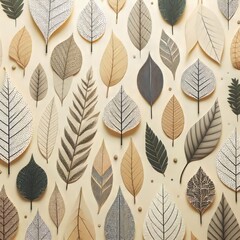 seamless background with leaves. A modern fabric design features a flat, earthy-toned pattern with leaves in various colors and outlines. The vintage-inspired, contemporary fabric. Generative AI