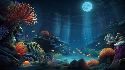 Fototapeta na wymiar Underwater world with breathtaking colorful fish, corals and other beautiful underwater creatures, the moon shimmers through the water