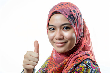 a woman in a hijab giving a thumbs up