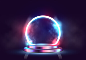 Round podium with neon lighting and smoke. Empty pedestal for award ceremony or presentation. Vector illustration.