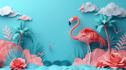 Paper art of a flamingo, palm trees, and flowers on a blue background.